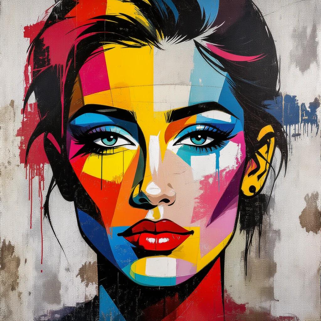 Vibrant abstract portrait rendered in graffiti art style. Bold overlapping colors including red yellow blue green. Intricate layers of spray paint tags and stenciled patterns. Background mimics weathered wooden surface enhancing urban aesthetic. Prominently detailed eyes and lips. Dynamic splashes and drips create chaotic composition.
