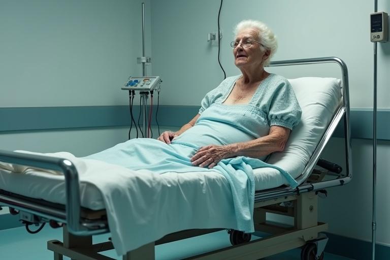 Photograph in an emergency room with an elderly woman in a hospital gown on a bed. The scene conveys a medical environment with equipment visible.