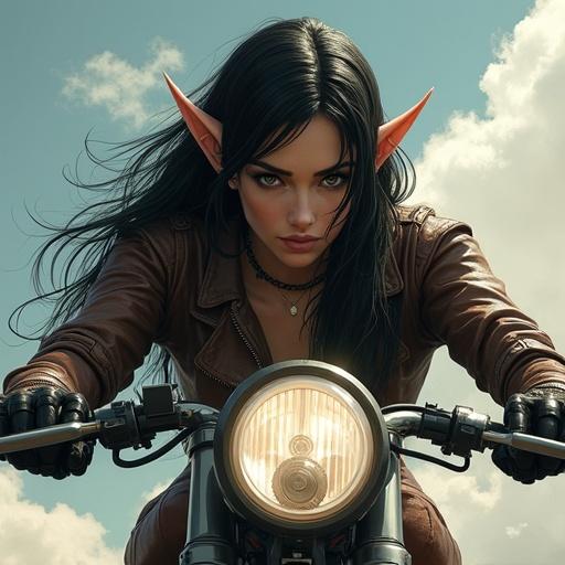 Image depicts a female elf with black hair riding a sport motorcycle. She has pointed ears and is wearing a leather jacket. The motorcycle is captured on a sunny day with a blue sky background.