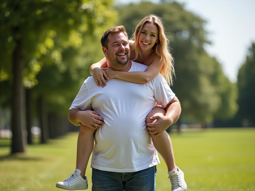 A cheerful couple enjoying a sunny day in the park with a piggyback ride, surrounded by lush greenery and bright sunlight, expressing joy and happiness.