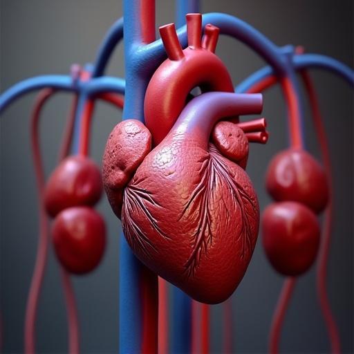 3D render of heart with visible relationship to kidneys in vascular system. Focused on anatomical details.