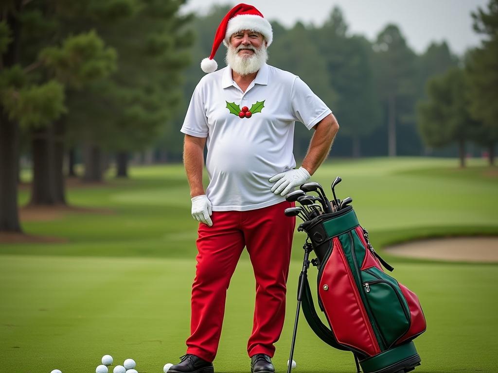 The man is dressed in a traditional Santa Claus costume, featuring a white polo shirt with a festive holly decoration and bright red pants. He wears a classic red Santa hat and white gloves, giving him a cheerful, holiday appearance. He stands confidently on a lush green golf course, surrounded by golf balls scattered on the ground. A golf bag with clubs is nearby, showcasing a unique combination of golf and holiday spirit. The setting features trees and a picturesque landscape, enhancing the festive atmosphere.