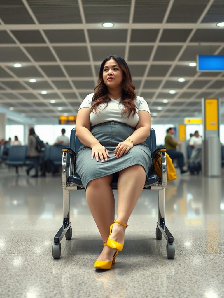 A woman is seated in an airport waiting area, wearing a white top and gray skirt. Her bright yellow shoes add a pop of color to the scene, drawing attention in the otherwise neutral-toned setting. The airport terminal is bustling subtly in the background, with other travelers and signage visible, yet the composition keeps the focus on the seated woman.