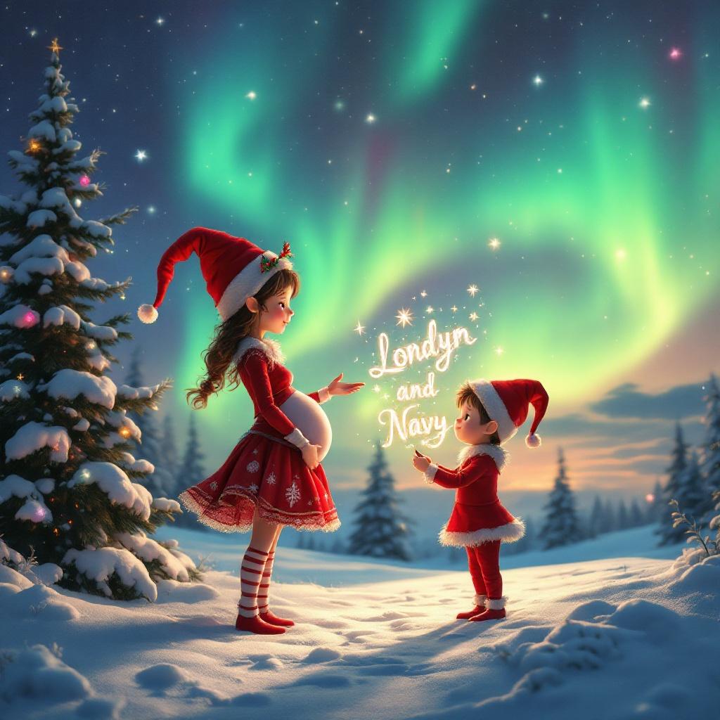 Enchanting Christmas scene features a red elf in a skirt with a pregnant belly. Elf faces the sky with her back to the viewer. Her brother elf smiles next to her. Elf wields a magic wand, writing 'Londyn and Navy' in glowing script above. Vibrant northern lights create a magical ambiance. Scene captures the spirit of Christmas with a whimsical twist.