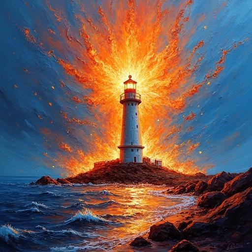 A lighthouse surrounded by an explosion of radiant beams like lava. An acrylic painting in expressionist landscape style. Thick palette knife textures and motion strokes create dynamic effects. The scene showcases fiery oranges and cobalt blue against a dramatic sky with a glowing backlight.