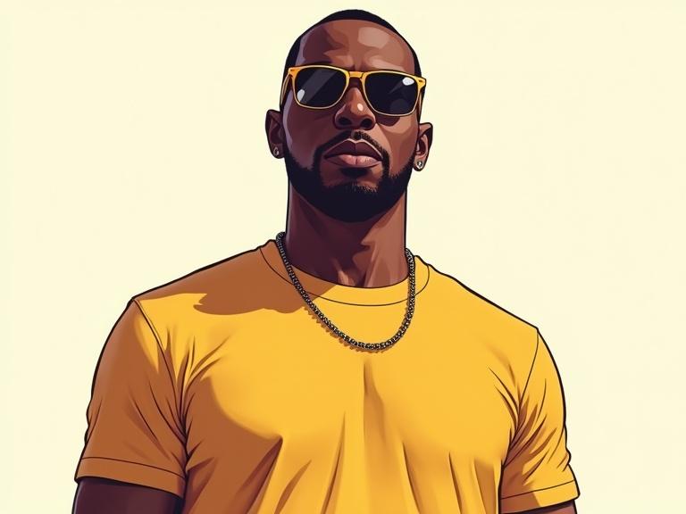A confident Black male in a Grand Theft Auto video game loading screen style. Full body view with a yellow t-shirt. Illumination is even with no shadows or sunlight. No background or additional elements. Highly detailed digital illustration with bold outlines and vivid colors.