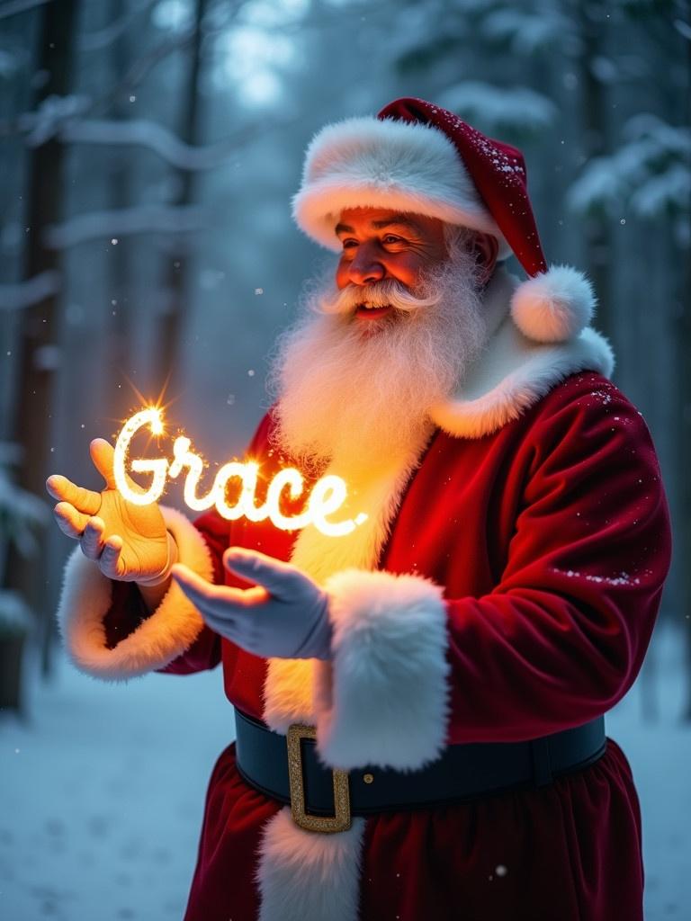 Magical Christmas scene with Santa Claus in red suit. Holding glowing stick that says 'Grace'. Snowy forest background. Soft glow surrounds him. Light snowflakes fall. Promotes holiday spirit and joy.