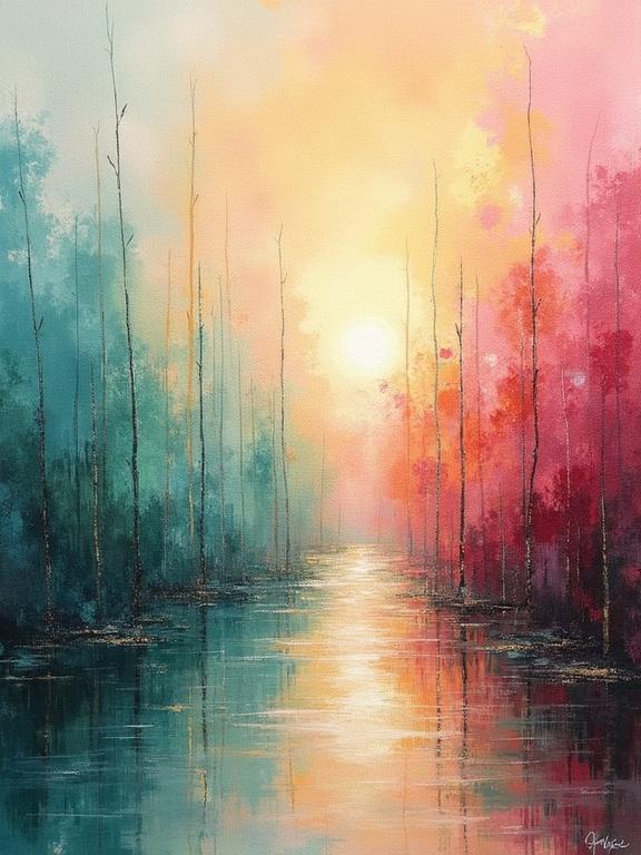An impressionistic oil painting depicting a vibrant landscape. The scene features a waterway under a glowing sun. The trees have colorful foliage in varying shades including soft blue, raspberry red, and emerald green. The overall atmosphere is peaceful and serene, embodying themes of light and unity.