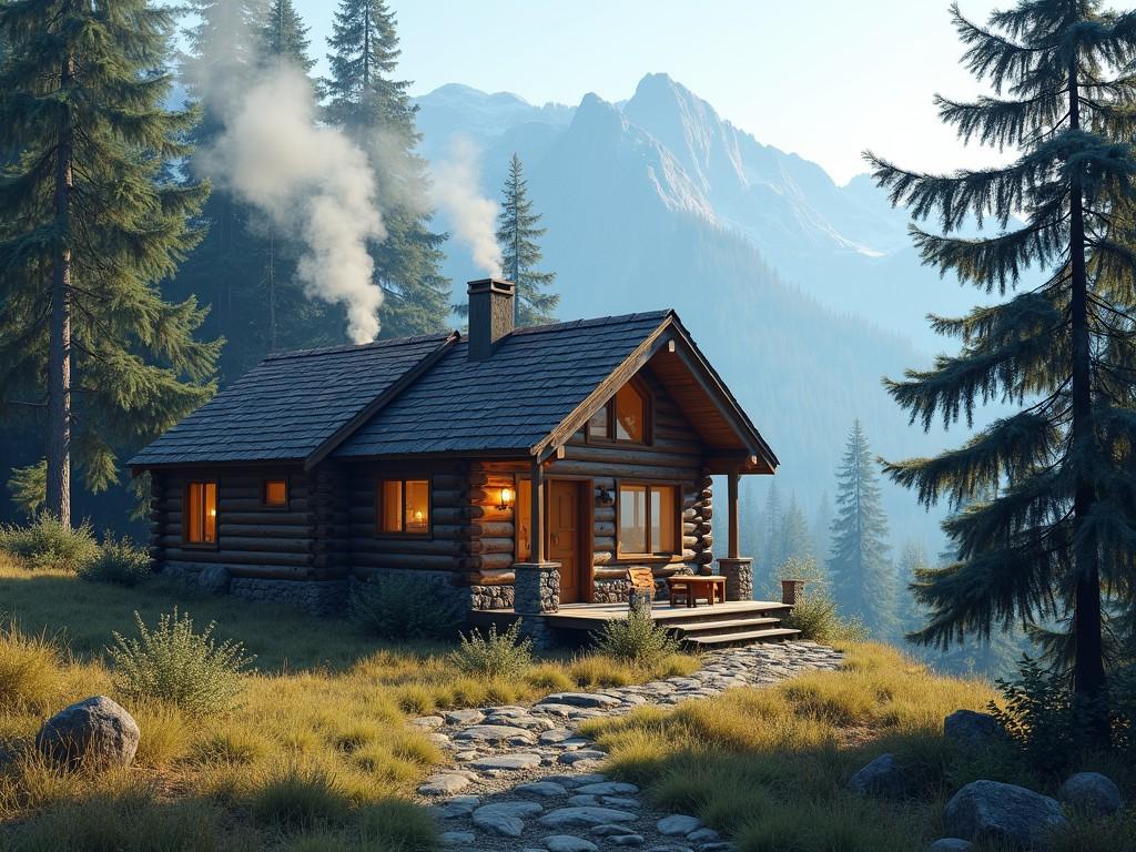 The image depicts a cozy log cabin nestled in a forested mountain setting. Smoke gently rises from the cabin's chimney, suggesting warmth and comfort inside. Sunlight bathes the scene, highlighting the lush greenery and casting shadows on the imposing mountains in the background, conveying a serene and inviting atmosphere.