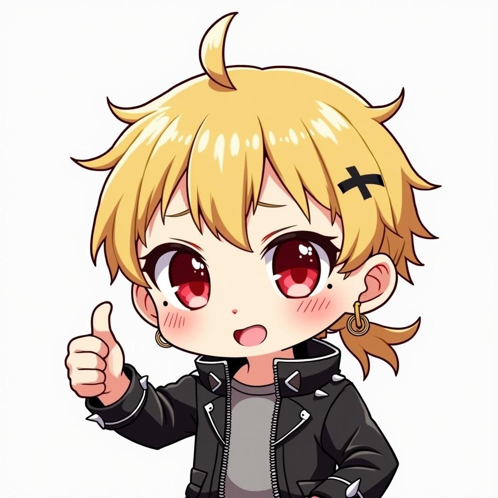 Chibi anime character giving thumbs up. Character features blonde hair, stylish wavy mullet, red eyes, piercings, and wearing a black leather jacket with gray shirt. Accessories include earrings and spike wristbands.