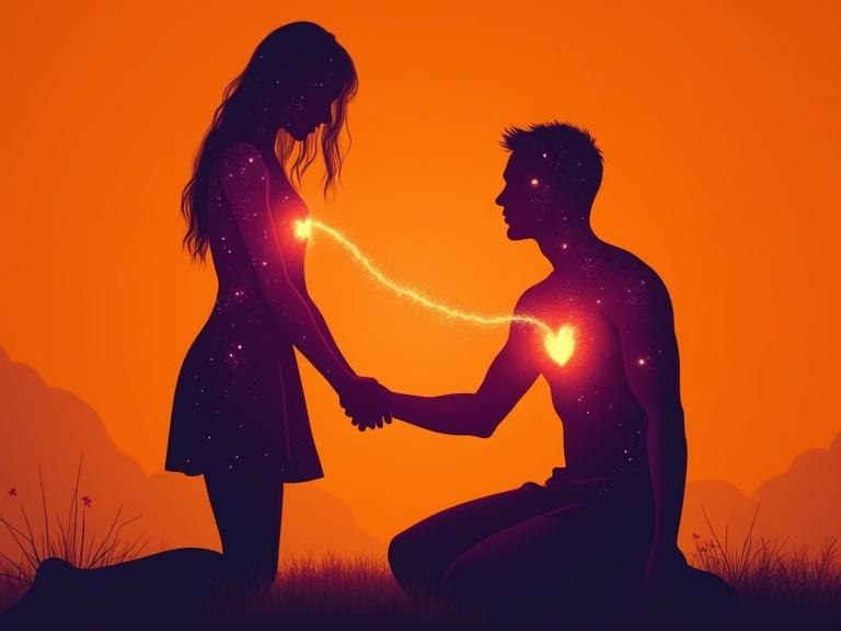 Cosmic-themed digital silhouette artwork shows a young woman and a man holding hands. Their bodies have a deep purple starry sky texture. Glowing anatomical hearts are visible on their chests. A vivid orange energy thread connects their hearts. The background has a smooth orange gradient.