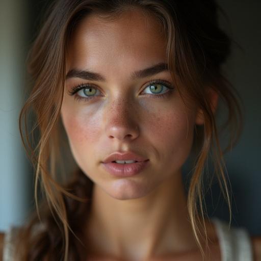 Closeup portrait of a rebellious high school girl. Show youthful features and expressive eyes. Focus on natural beauty and genuine expression. Soft lighting and natural colors.