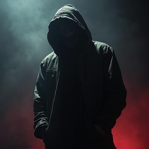 Dark gripping Hip Hop Album Cover with a silhouetted figure wearing a hooded jacket surrounded by smoke and dramatic lighting.