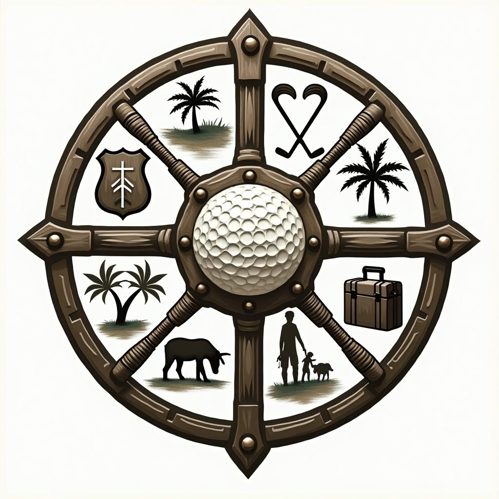 This image features a ship's wheel symbolizing navigation and guidance in life. At the center, there is a realistic golf ball, representing leisure and skill. Surrounding the wheel are various icons that illustrate themes of family and vacation. These include a family silhouette with a child and a dog, as well as lush tropical palm trees. Additionally, there is a shield, signifying protection and loyalty. The overall design blends fun elements of leisure and family togetherness. This unique blend makes it suitable for marketing materials.