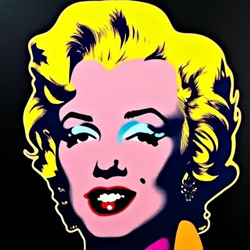 Close-up portrait of Marilyn Monroe with curly blonde hair looking directly at the viewer. Vibrant, colorful, geometric Pop Art style against a black background. Influence of Andy Warhol. High contrast, flat lighting. Bold colors, abstract and stylized depiction.