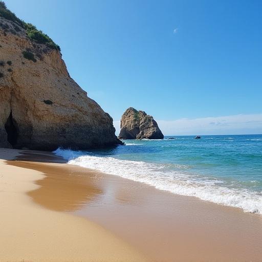 Beach view showing rocks and sandy shore at Zaña. Turquoise water meets the sandy beach. Natural sunlight illuminates the scene.