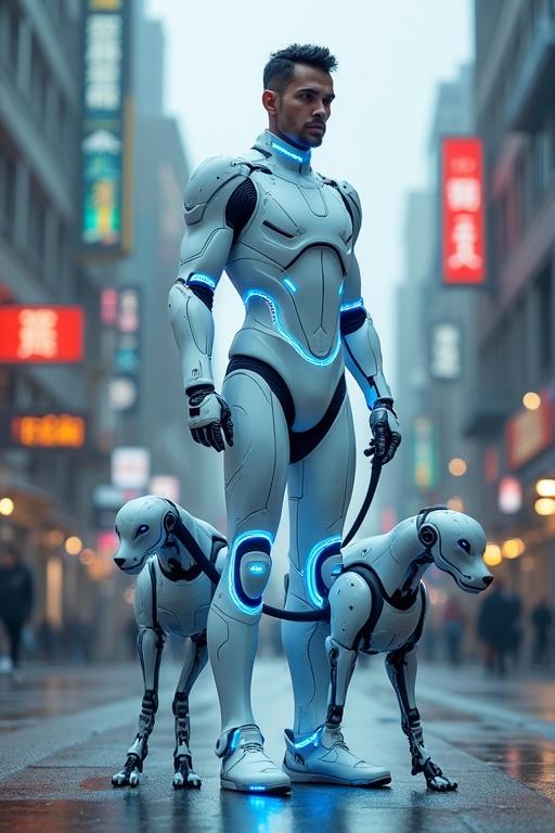 A man stands in a futuristic city wearing a glossy white suit with blue neon lines. He has two robotic dogs leashed to him.