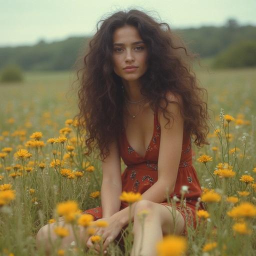 Retro 70s glitch photography of a young woman sitting in a flower meadow. She has long hair and is looking at the camera. The scene captures a serene and relaxed vibe.