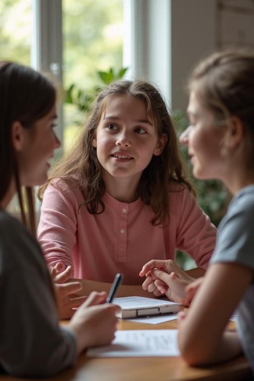 Group of teenage girls engaged in conversation at school. Three girls around a table expressing interest and enjoying each other's company. Casual attire and relaxed setting. Natural light fills the room.