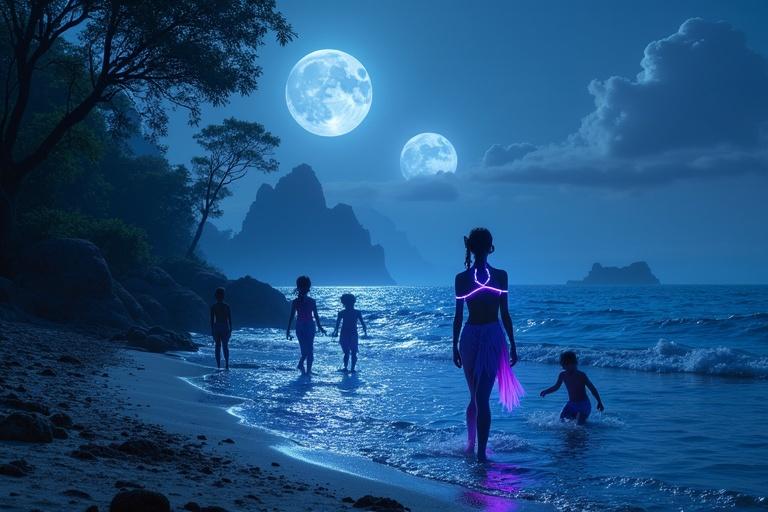 A coastal jungle glows under twin moons with luminescent trees and a sparkling ocean. A tall blue Na’vi woman with glowing stripes walks barefoot through coral-lit shallows. Nearby Na’vi children ride glowing fish in the water. Floating mountains rise in the misty horizon under a glowing sky.