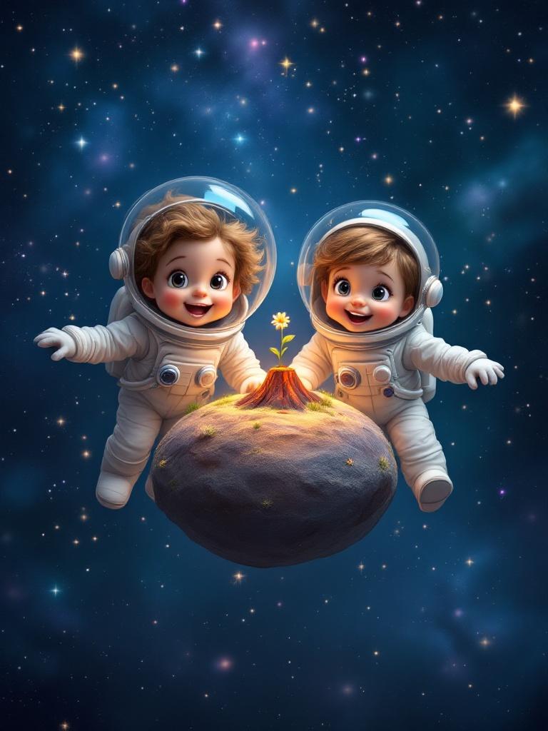 Enchanted scene with two children in astronaut suits floating in space. They are excited looking at a tiny whimsical planet. The planet has a small flower and a volcano. Background features stars and colorful nebulae. It captures joy and wonder of childhood. Children are explorers in their own universe.