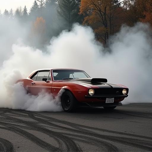 Car performing a burnout surrounded by smoke. Vintage muscle car with black and red colors. Action shot highlighting power and excitement.