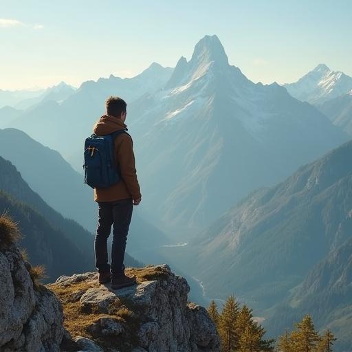 A boy stands on a mountain peak. Majestic mountains rise in the background. A valley stretches below. Natural landscape evokes adventure and exploration.