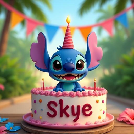 Stitch character sits on a colorful birthday cake. The cake has the name Skye written on it. Scene set in a tropical park with bright flowers and festive banners.