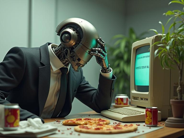 Cinematic shot of a retro-futuristic robot in a rumpled suit. Robot hunched over a 1990s PC with a CRT monitor showing an error. Desk cluttered with pizza, soda cans, and floppy disks. A wilting desk plant present. Harsh fluorescent lighting illuminates the scene.