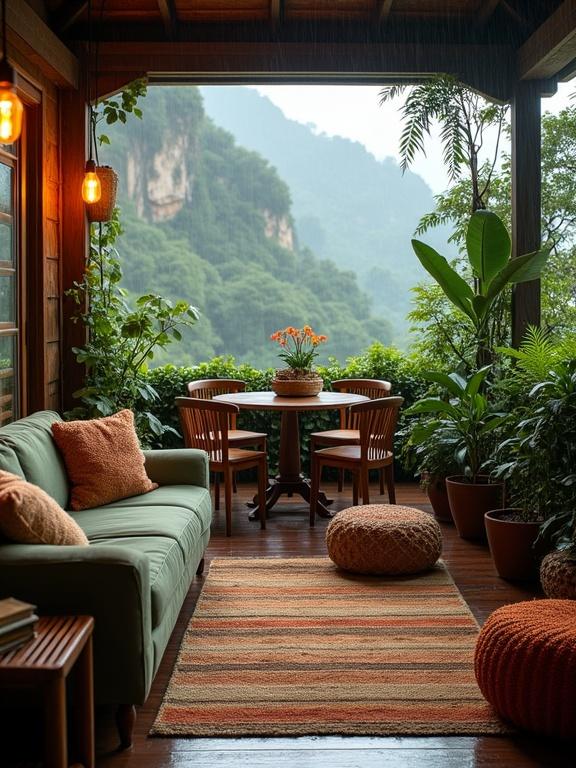 Cozy mountain-view veranda during gentle rain. Features plush green sofa, wooden dining table, and numerous potted plants. Warm amber lighting blends with natural sunshine. Striped handwoven rug complements earthy decor. Ideal for relaxation and nature immersion.