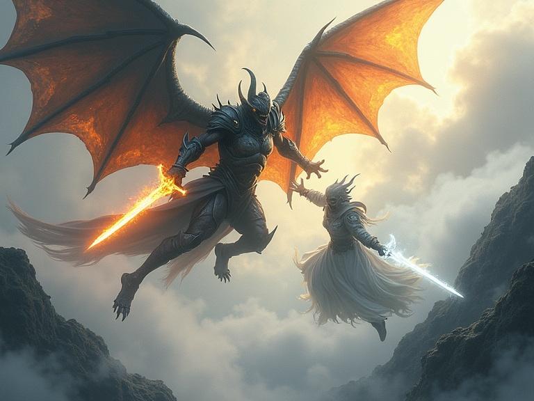 Epic fantasy battle scene amongst misty mountaintops. Dark demonic figure with fiery wings and glowing sword. Detailed armor with dark hues. Light armored being with gray robes and glowing white sword. Soft light creating an epic struggle in the heavens. Vivid colors contrasting with ethereal clouds. Painterly and cinematic style emphasizes detailed design.