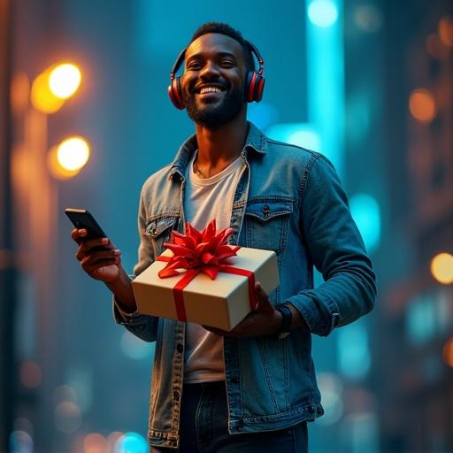 A smiling father figure holding a wrapped gift and a phone. He wears a shirt and jeans, with headphones. The image has a cyberpunk style featuring blues, golds, and hints of red. The atmosphere is joyful and celebratory for Father's Day.