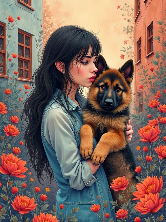 Woman holds German shepherd puppy in colorful flowered alley. Image features high depth and intricate details. Art style influenced by Carne Griffiths, using watercolor alcoholic ink.