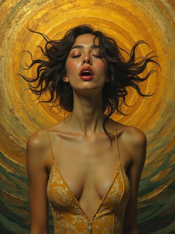 A portrait features a figure with flowing hair amidst a warm golden and amber background. The expression shows deep emotion. The lighting adds an ethereal quality. Abstract textures in the background enhance the surreal atmosphere. Fine details are sharp and clear.