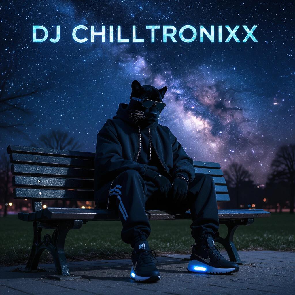 Raw photo taken at night featuring a stylish panther person wearing dark Nike Air Max 2025 sneakers and sunglasses. The figure is sitting on a park bench under a dark nebula sky that showcases a vast expanse of stars. Artistic text for album cover reads DJ Chilltronixx.