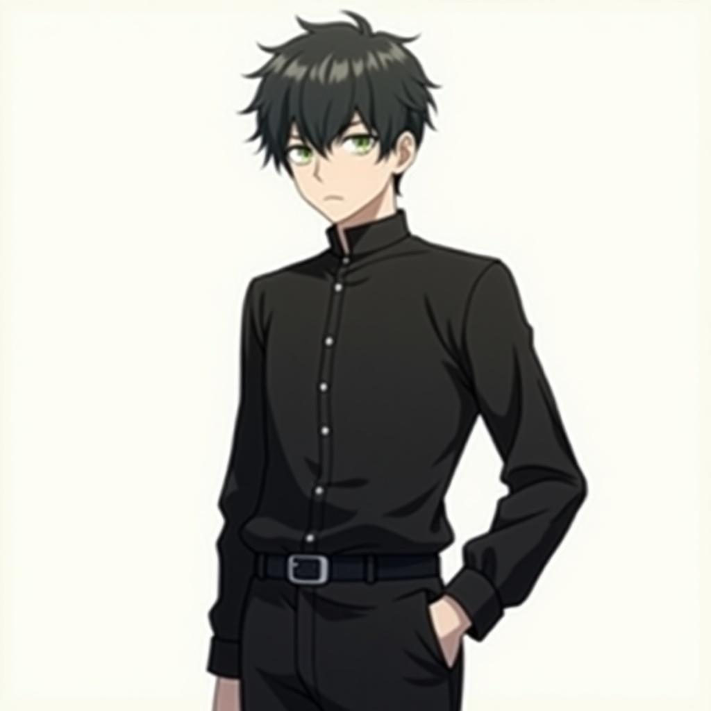 Anime boy with green eyes and stylish fade haircut. Taller character with full-arm black shirt and matching black pants. Character has thoughtful expression. Light background contrasts with dark attire.