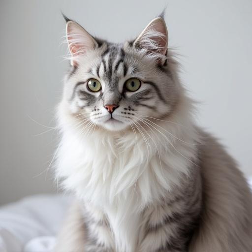 A cat with long fur sits elegantly. White and gray colors offer a beautiful contrast. Eyes are bright and expressive. Soft, natural environment.