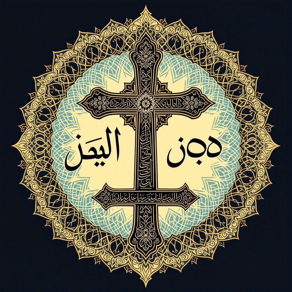 Image features cross Islamic sign Jewish symbol and the word God. Intricate design incorporates ornate patterns. Demonstrates religious unity and cultural diversity. Suitable for spiritual and intercultural themes.