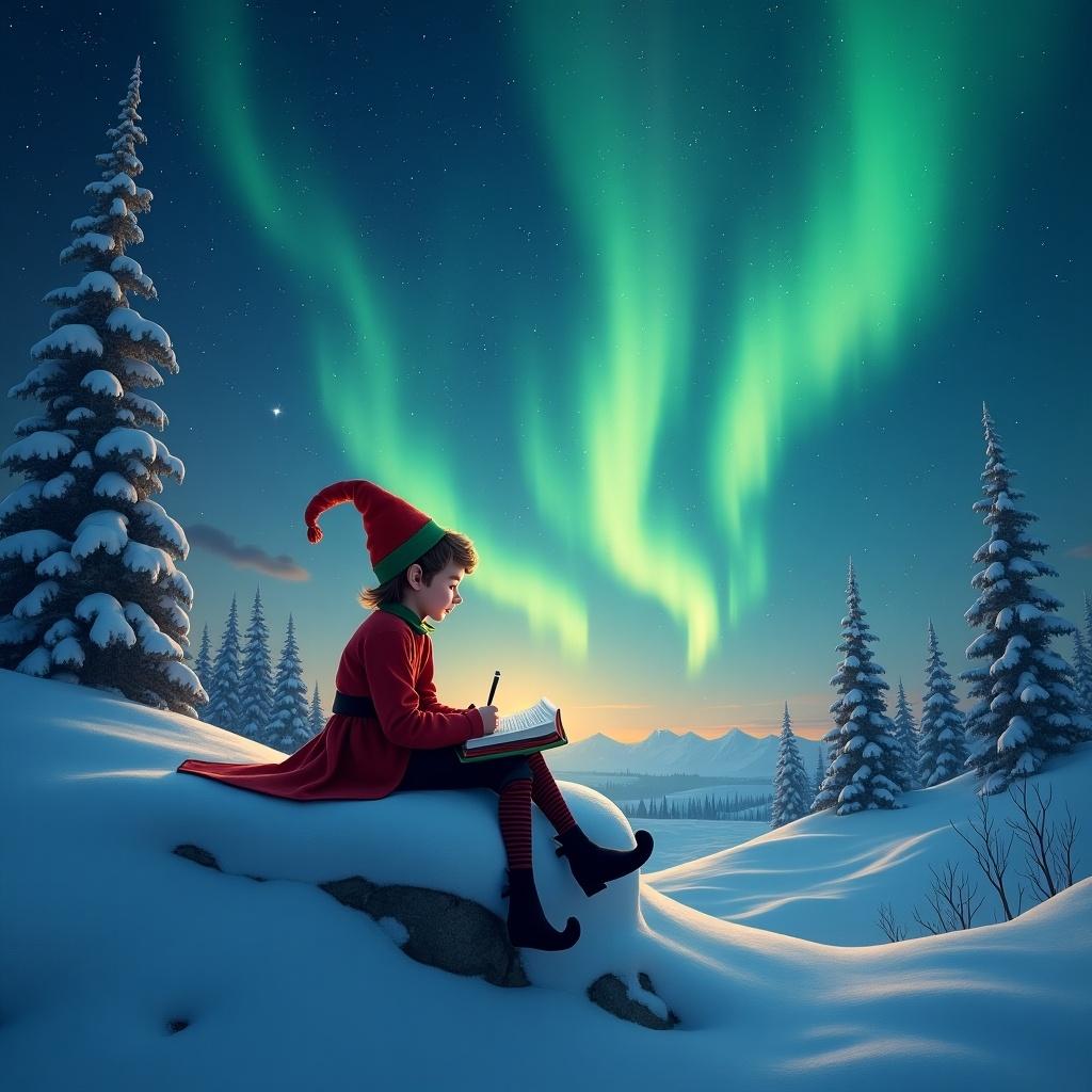 The image features a child dressed as an elf with a red hat, sitting on a snowy landscape. The child is writing in a notebook, gazing up at the sky. Above, bright northern lights dance in hues of green and blue. Tall snow-covered trees surround the scene. The tranquil winter night adds a magical feel, capturing the essence of the holidays and the joy of writing wishes or stories in a pristine setting.