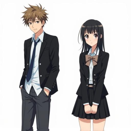 Full-body portrait of two Japanese high-school students on a pure-white backdrop. Left student has black blazer with silver buttons open, white shirt half-untucked, loose navy tie, charcoal slacks; messy light-brown hair, hands in pockets, leaning forward with sly smirk. Right student has black blazer buttoned, white blouse, taupe bow, black pleated skirt; straight black ponytail, fingers clasped at skirt, downturned eyes with timid curiosity. Thin clean line-art and minimal lighting.
