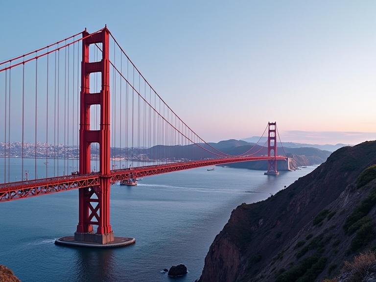 Image of the iconic Golden Gate Bridge at dawn. The bridge spans over the San Francisco Bay. The red structure contrasts with the surrounding natural landscape and calm waters.