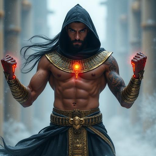 A warrior in Egyptian-style armor fights ice demons on an icy battlefield. His fists glow black. He has stylish black hair and a well-defined muscular build. His neck has a glowing red pendant. He wears a black hood and has a small scar on his face. His eyes are white and he has an Asian aesthetic. The scene shows black mist around his feet.