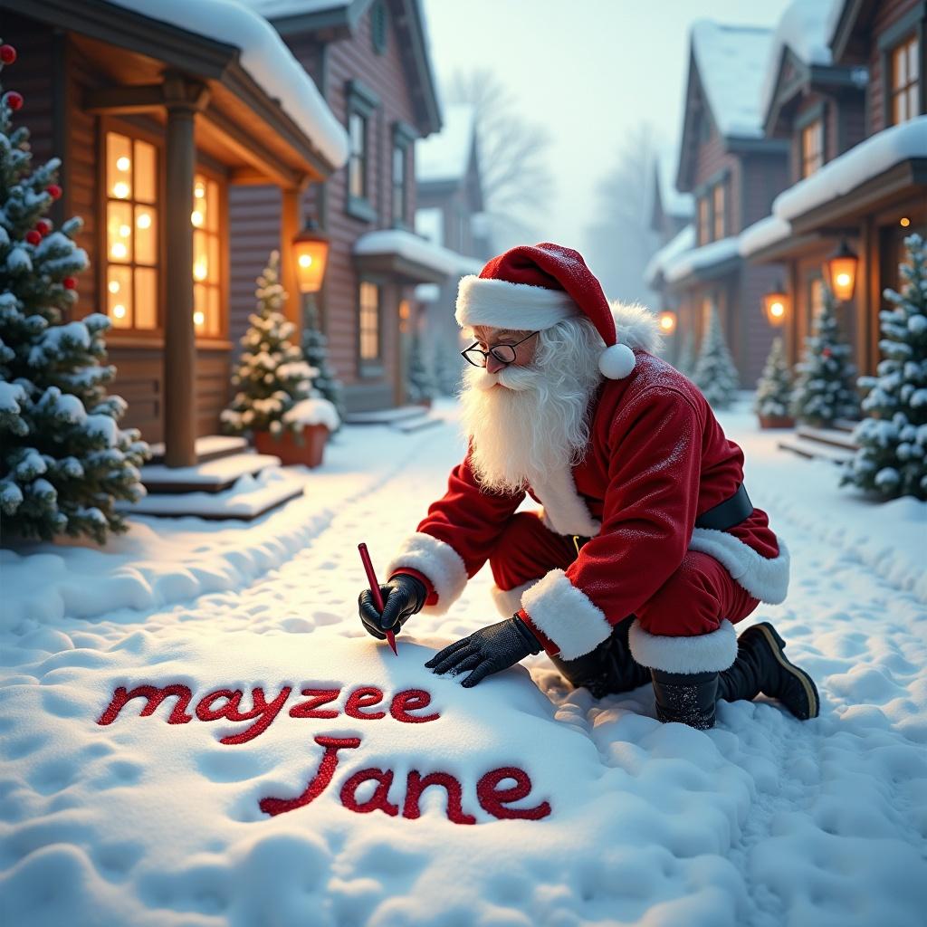 Santa Claus writes the name mayzee-jane in snow. Dressed in red and white. Quaint buildings in a snowy setting. Soft warm winter light. Cheerful festive atmosphere.