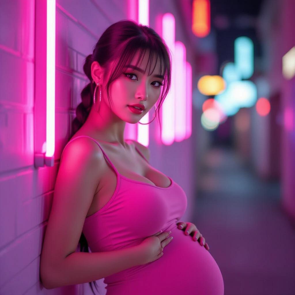 Korean woman in goth style. Wearing pink bodycon dress. Highlighting large baby bump. Pigtails and hoop earrings. Leaning against wall. Neon pink lights illuminate scene.