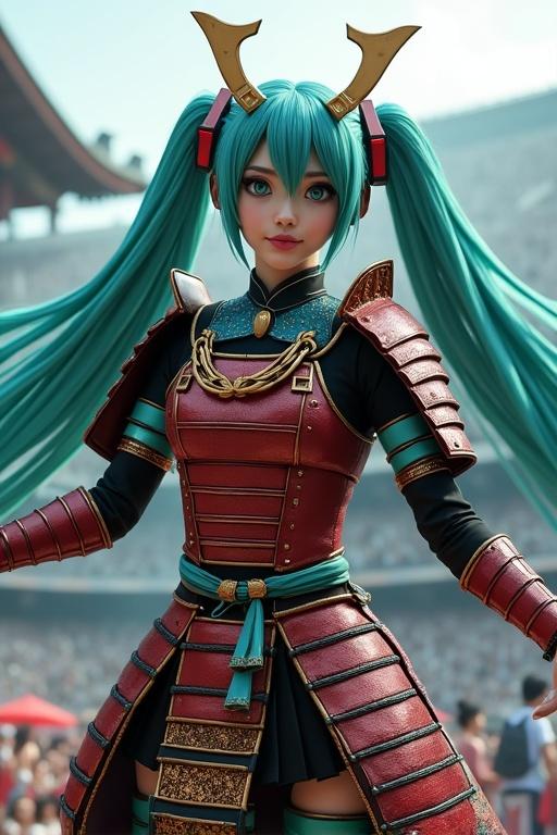 Hatsune Miku dressed in samurai armor dancing and singing in a stadium