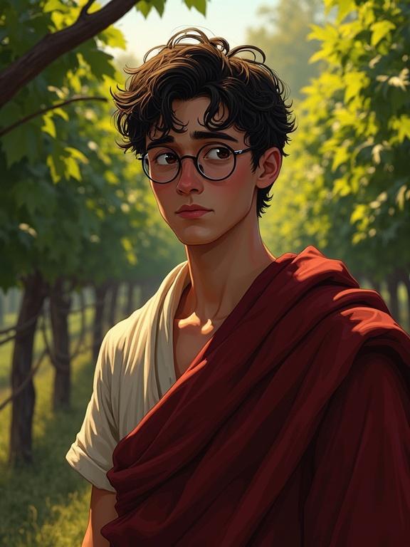 A young man with round glasses wears Greek robes with a worried expression. He stands outdoors among vines. The style echoes Alphonse Mucha and uses chiaroscuro lighting effects. It is a digital oil painting with an anime influence.