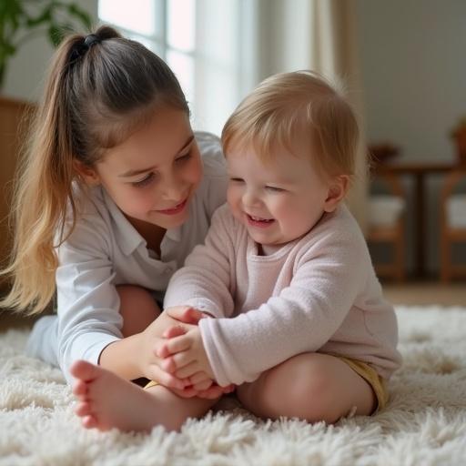 Smiling girl interacting joyfully with younger sibling. Girl sitting on a soft rug. Sibling giggling and showing joy.