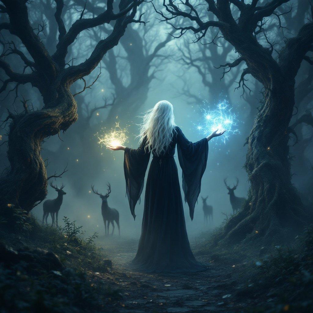 A mystical scene with a woman in a dark robe in an enchanted forest. She casts a spell with glowing energy. The atmosphere is foggy. Shadowy figures of deer surround her. Twisted trees with otherworldly light illuminate the scene. Her hair is white and glowing with magic.