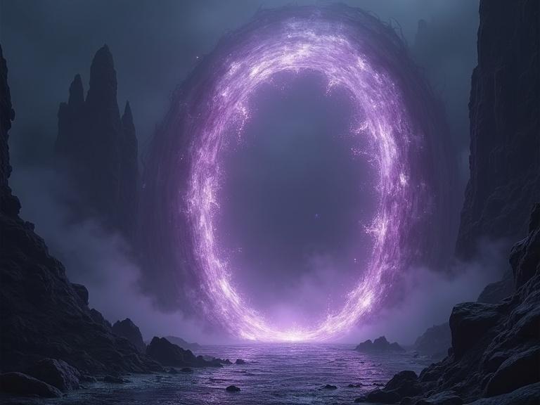 Ultra detailed realistic oval shaped portal. Ethereal semi-light reflective design. Unstable portal resembling a maelstrom. Deep purple hues swirling towards the center. Underdark terrain with a creepy mist backdrop.