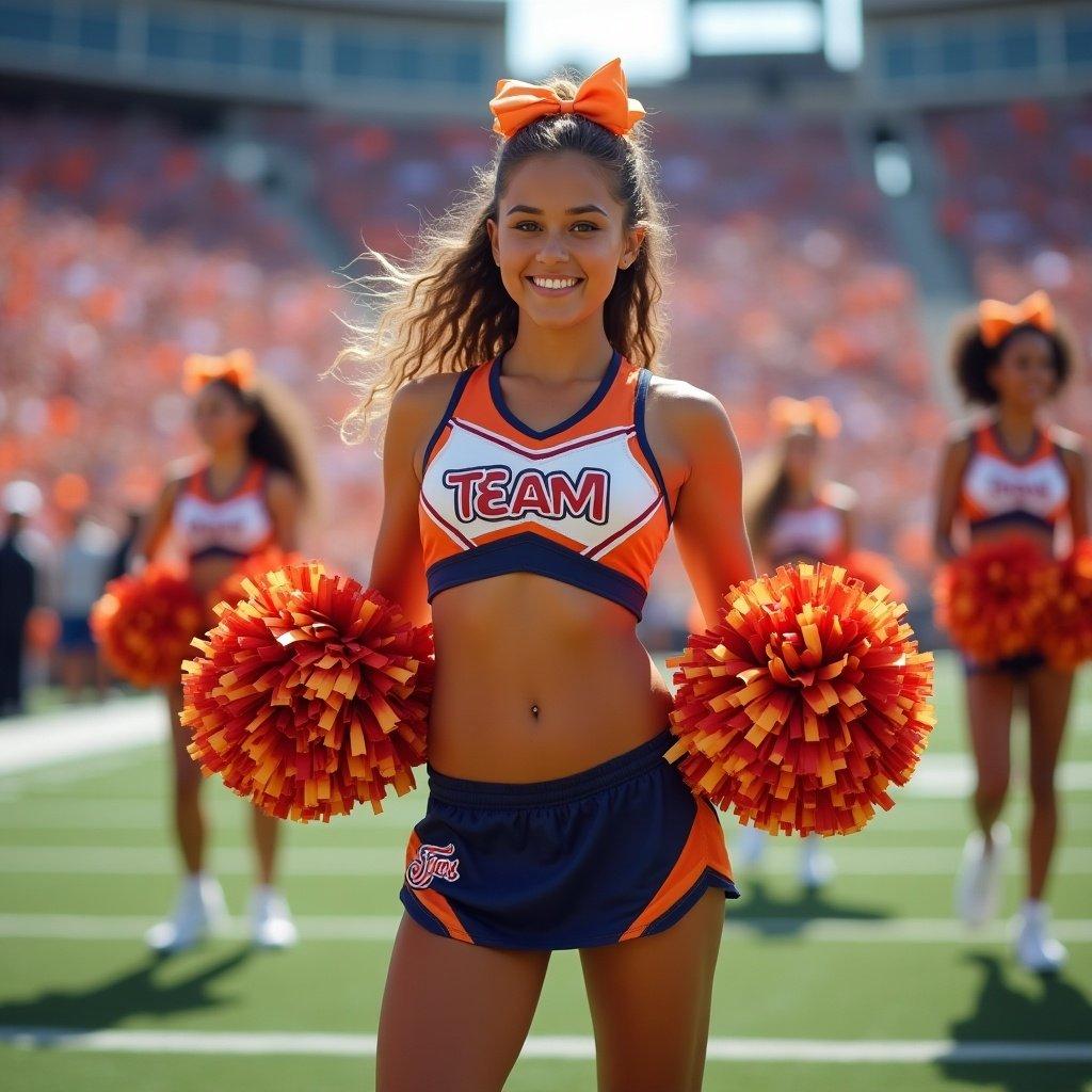 Cheerleader wearing a uniform with pom poms behind her back in metal handcuffs. Cheerleader is on a sports field and surrounded by fans.